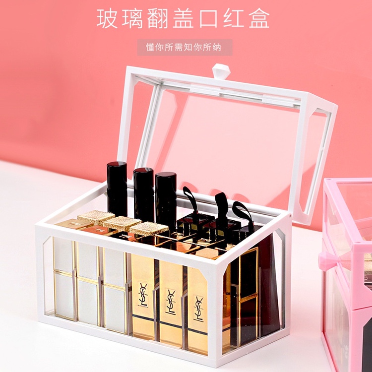 Popular glass lipstick storage box, dust-proof and water-proof desktop transparent cosmetics organization rack, ins lip gloss display rack