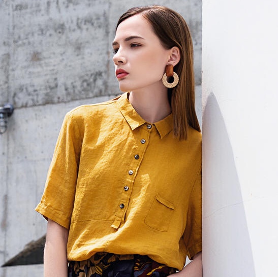 吉米赛欧 2020夏100%苎麻黄色上衣