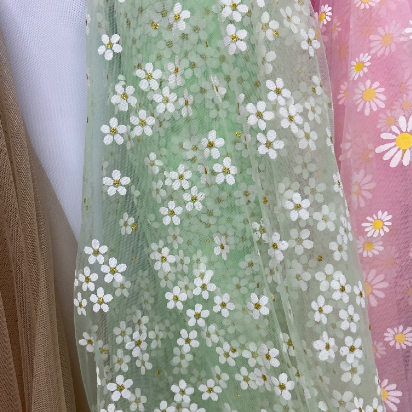 绿色小雏菊锦纶网布布料服装装饰品工艺品丝巾纱巾头饰面料多色可选