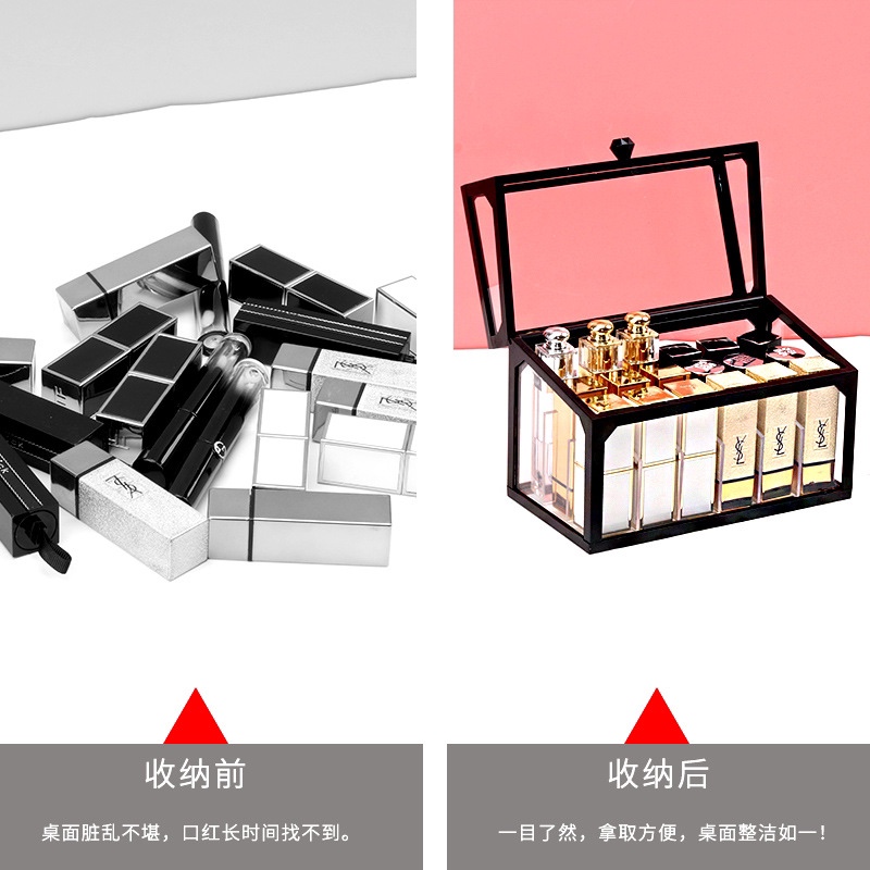 Popular glass lipstick storage box, dust-proof and water-proof desktop transparent cosmetics organization rack, ins lip gloss display rack Item Picture