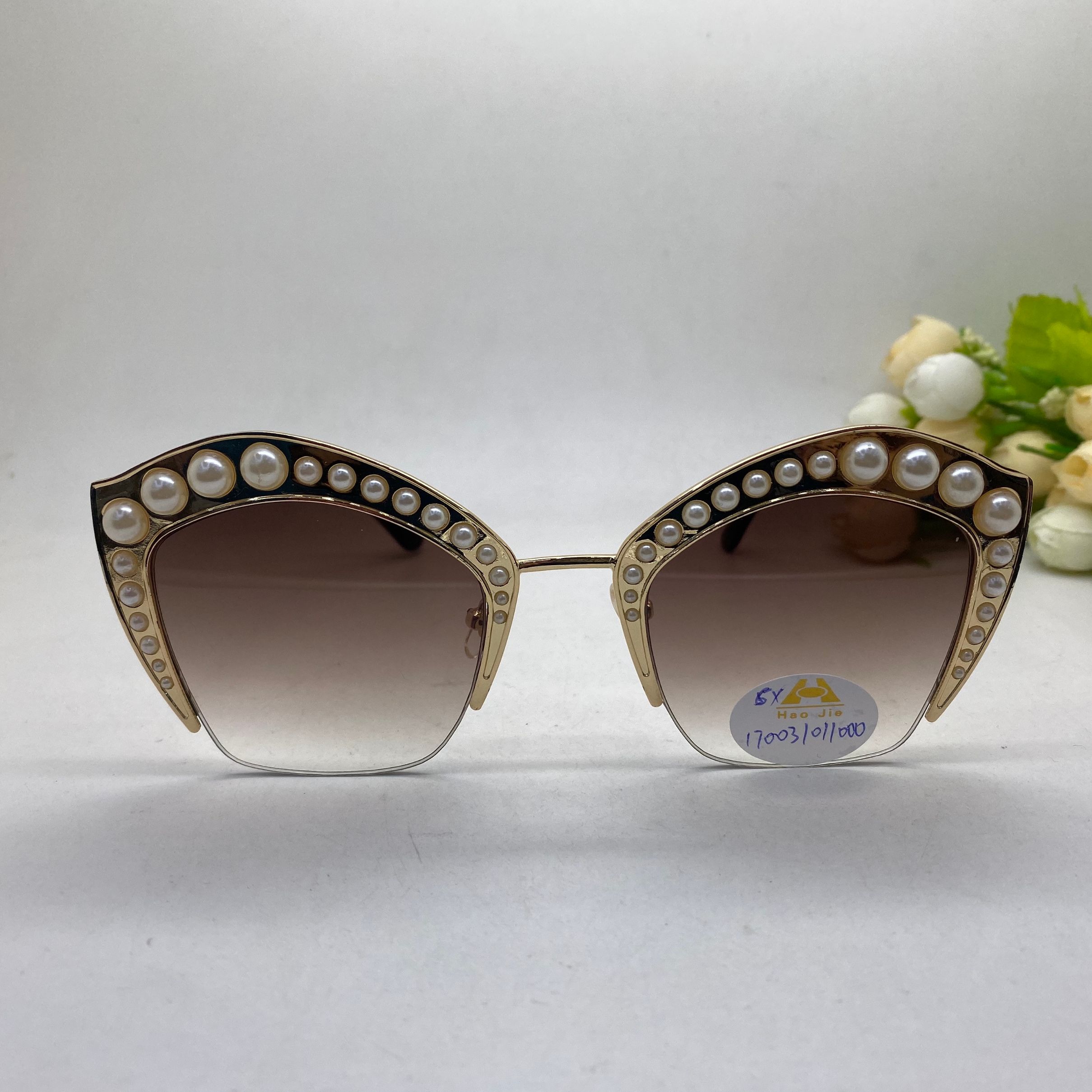 新款猫眼珍珠装饰女士太阳镜 时尚复古170031