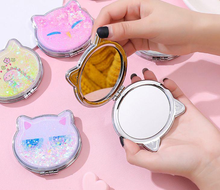 猫头炫彩流沙化妆镜女士折叠双面镜补妆便携小镜子图案可定制详情1
