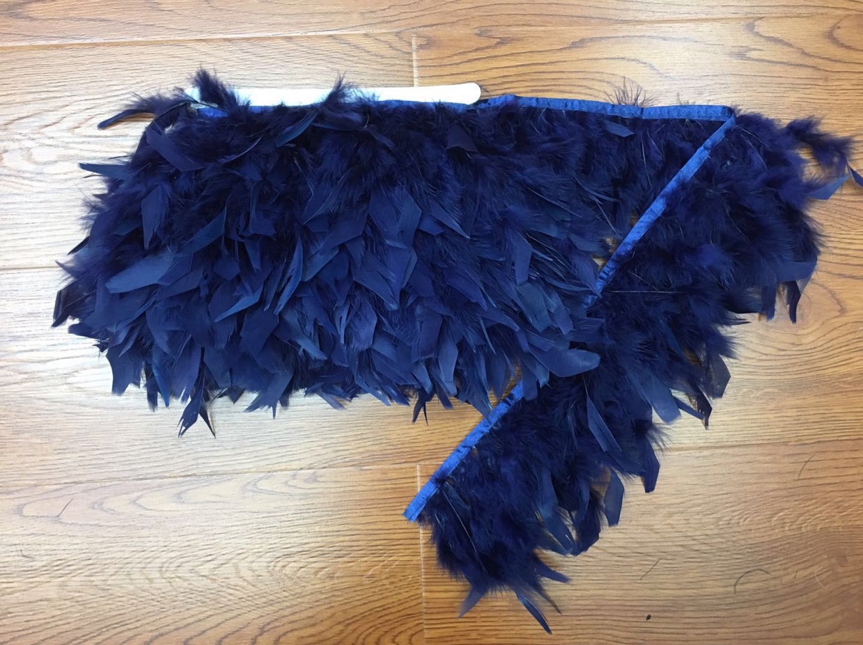 藏青色火片花边：羽毛长度：13一18cm长，4元一米，10米1包，40款颜色现货，任你选择。