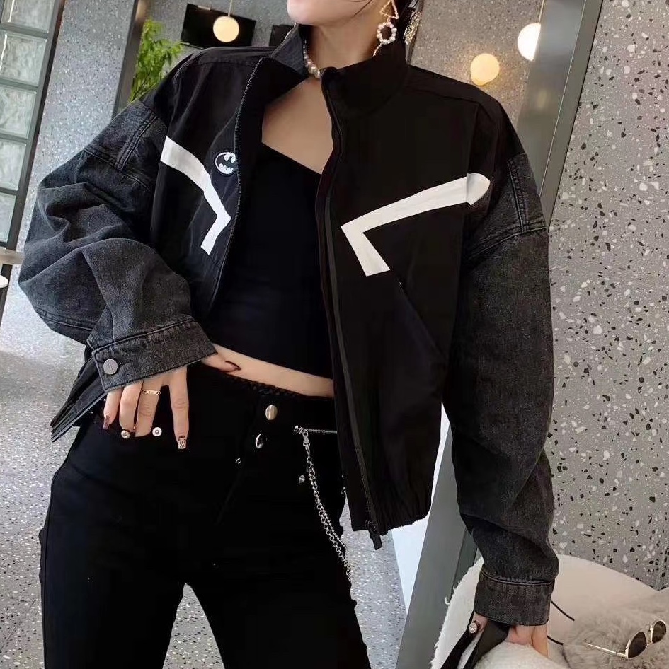 European goods 2020 autumn new coat V+.COM long-sleeve zipper black and white contrast sleeves denim splicing cardigan tide