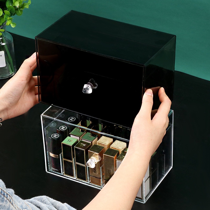 透明口红收纳盒抽屉式收纳架透明防尘 护肤品多功能收纳盒白底实物图