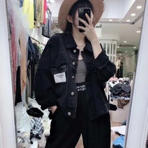 European station 2020 fall new lapel breasted label buckle hole fashion Batsleeve denim jacket black