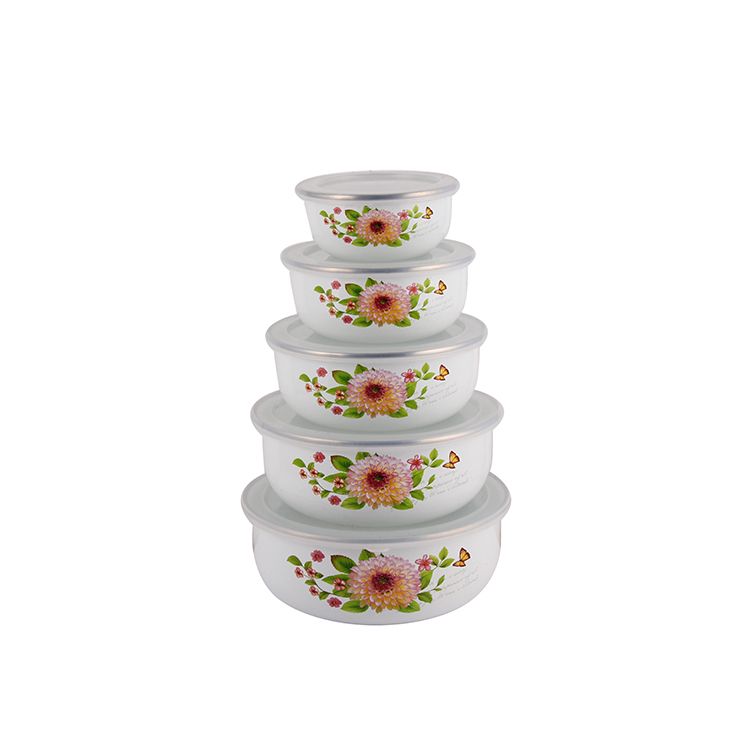 10-12-14-16-18cm 5-piece enamel sealed preservation bowl PP lid salad bowl thumbnail