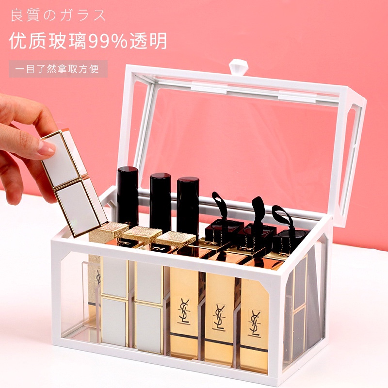 Popular glass lipstick storage box, dust-proof and water-proof desktop transparent cosmetics organization rack, ins lip gloss display rack Application Scenario