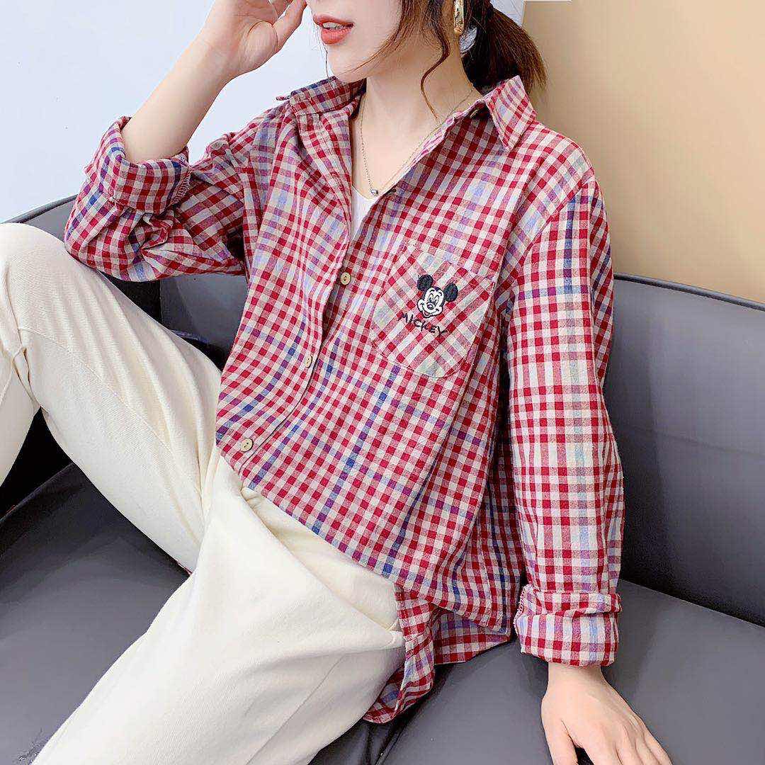 Shirt cotton linen loose 2020 new autumn Korean plaid shirt female wearing a hundred students long-sleeved coat