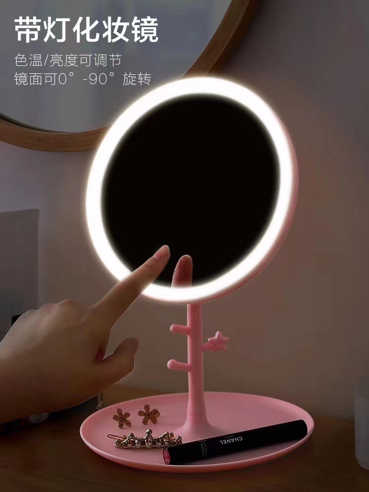 网红LED化妆镜台式带灯宿舍抖音梳妆镜女便捷随身补光美妆小镜子细节图