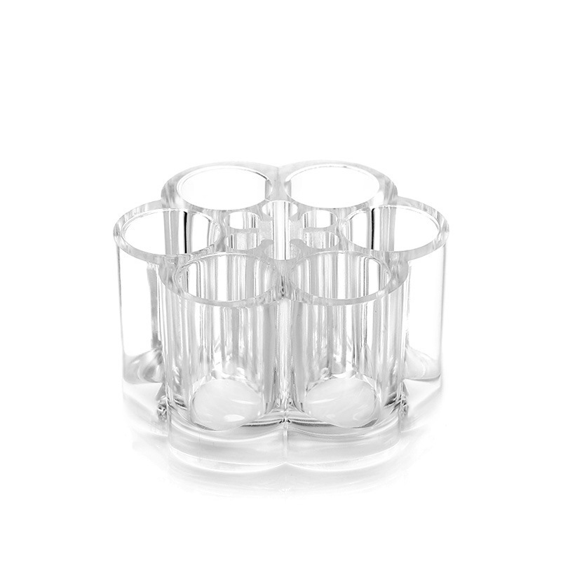 Wholesale of transparent 6-hole acrylic lipstick stand, plum blossom-shaped makeup stand, eyebrow pencil desktop cosmetics storage box Application Scenario
