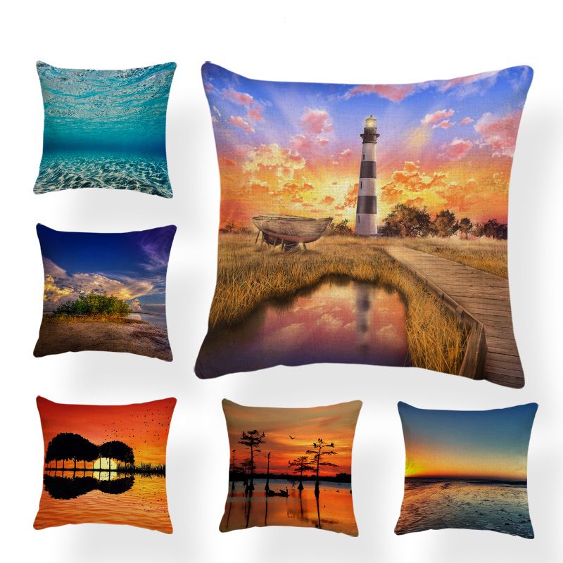 3D Landscape Square Cloud Ocean Cushion Cover Polyester Linen Printing Decoration Home Soft Pillowcase Wholesale