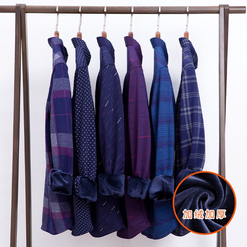 Winter pure cotton men's warm shirt with fleece and thickened, all-cotton solid color and plus-size business shirt detail image 2