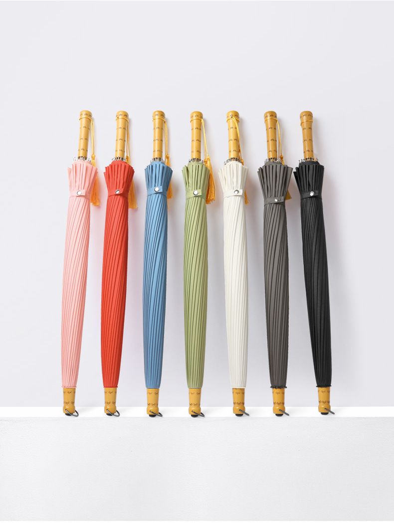 复古森系直杆实木柄雨伞定制创意24骨素色小清新长柄伞防风晴雨伞详情图11