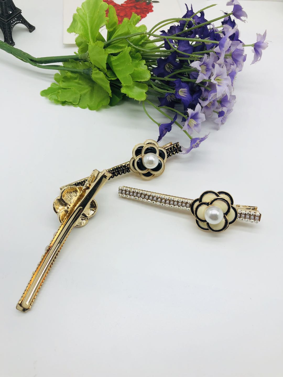 Korean Pearl Drop oil flower hair clip Super Fairy Pearl diamond duck beak clip net red edge clip small fresh bangs clip Specification drawing