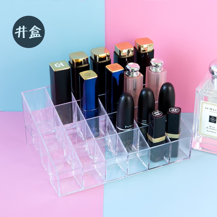 Well box transparent multi-compartment lipstick storage box display stand, 24-compartment plastic desktop lipstick stand, cosmetic box