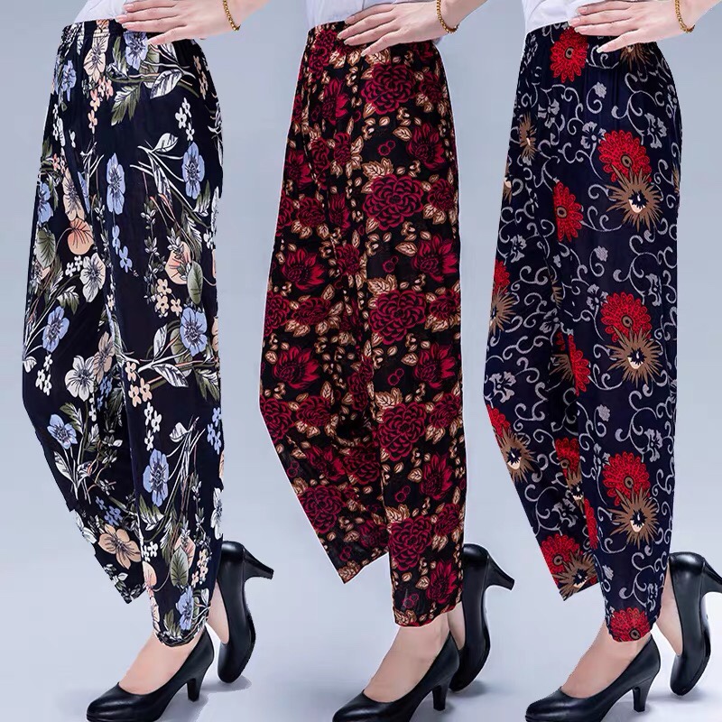 中老年阔腿裤2020春秋款裤子女宽松长裤高腰大码松紧腰中年妈妈裤42