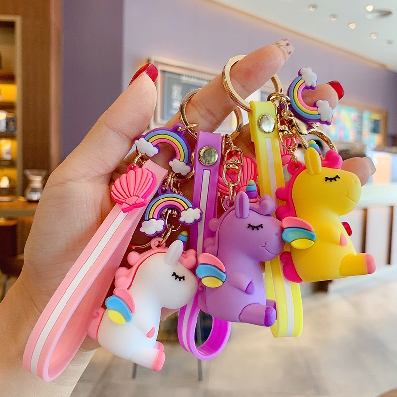 韩版创意彩虹独角兽钥匙扣可爱卡通少女系公仔钥匙链包包挂件批发
