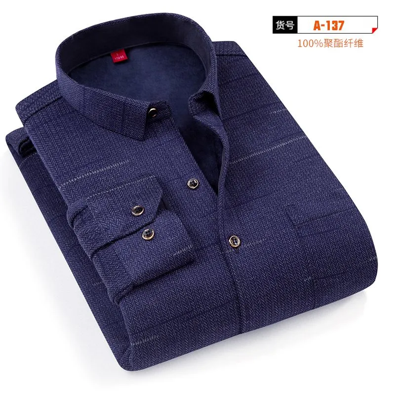 Winter pure cotton men's warm shirts with added fleece and thickened, pure cotton solid color with added fat size business fat shirt trend detail image 1