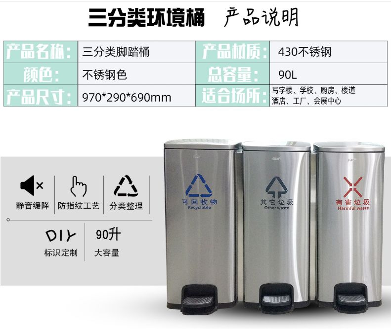 不锈钢垃圾分类脚踏垃圾桶室内办公室双桶连体大号干湿垃圾桶详情图7