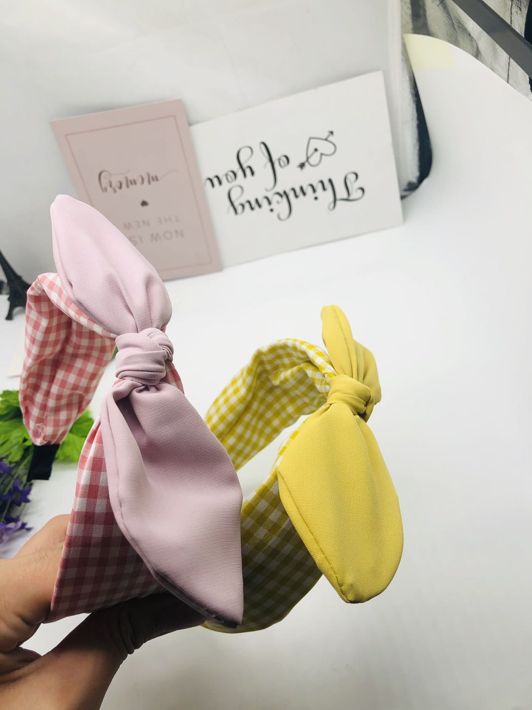 Korean new cloth rabbit ear bow wide edge check headband simple solid color pressure hair accessories Specification drawing