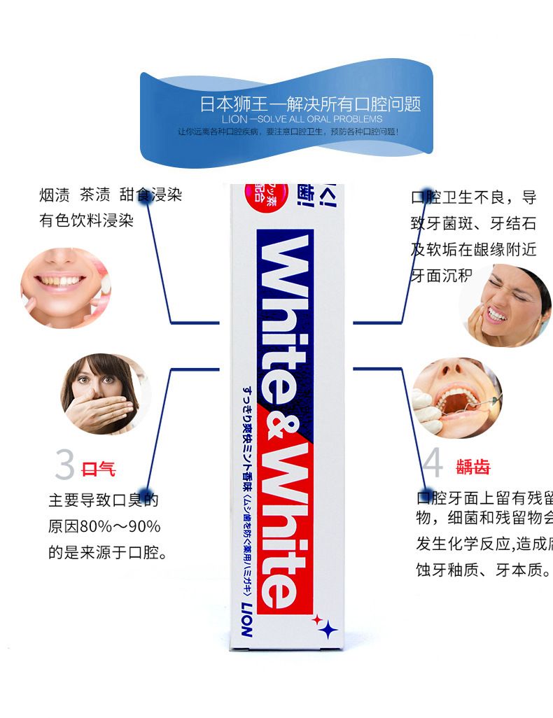 Japanese original LION WHITE Toothpaste for whitening, preventing cavities, removing yellowing, bad breath and stains 150g detail image 4