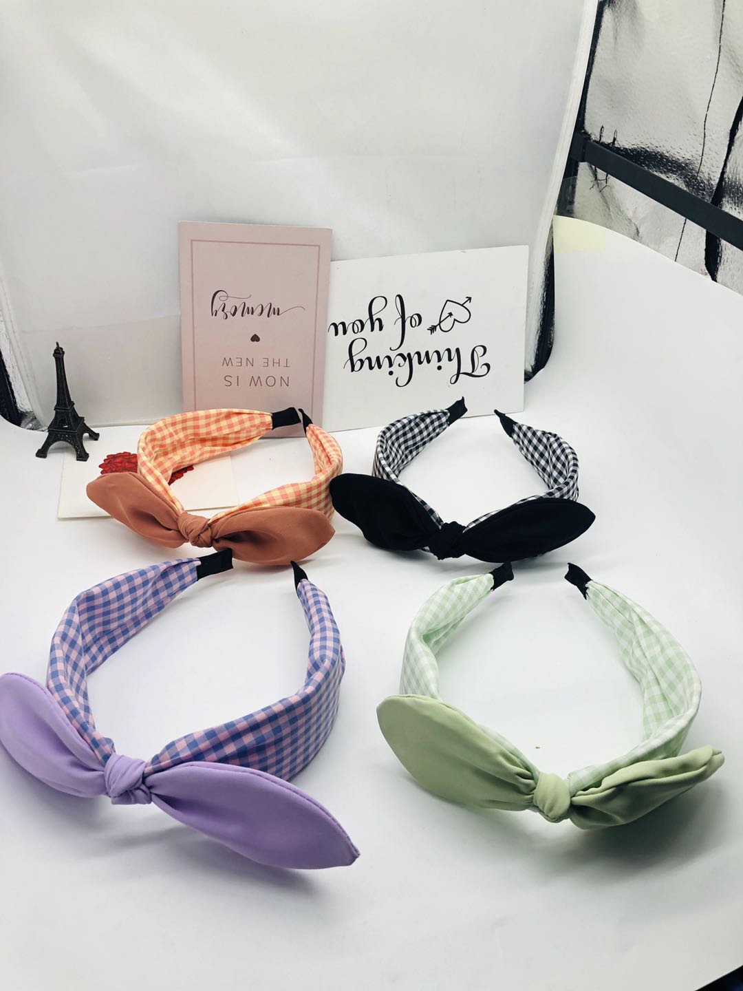 New Korean version fabric rabbit ear bow wide-edge checkered hairband headband, simple solid color pressed hair accessory detail image 1