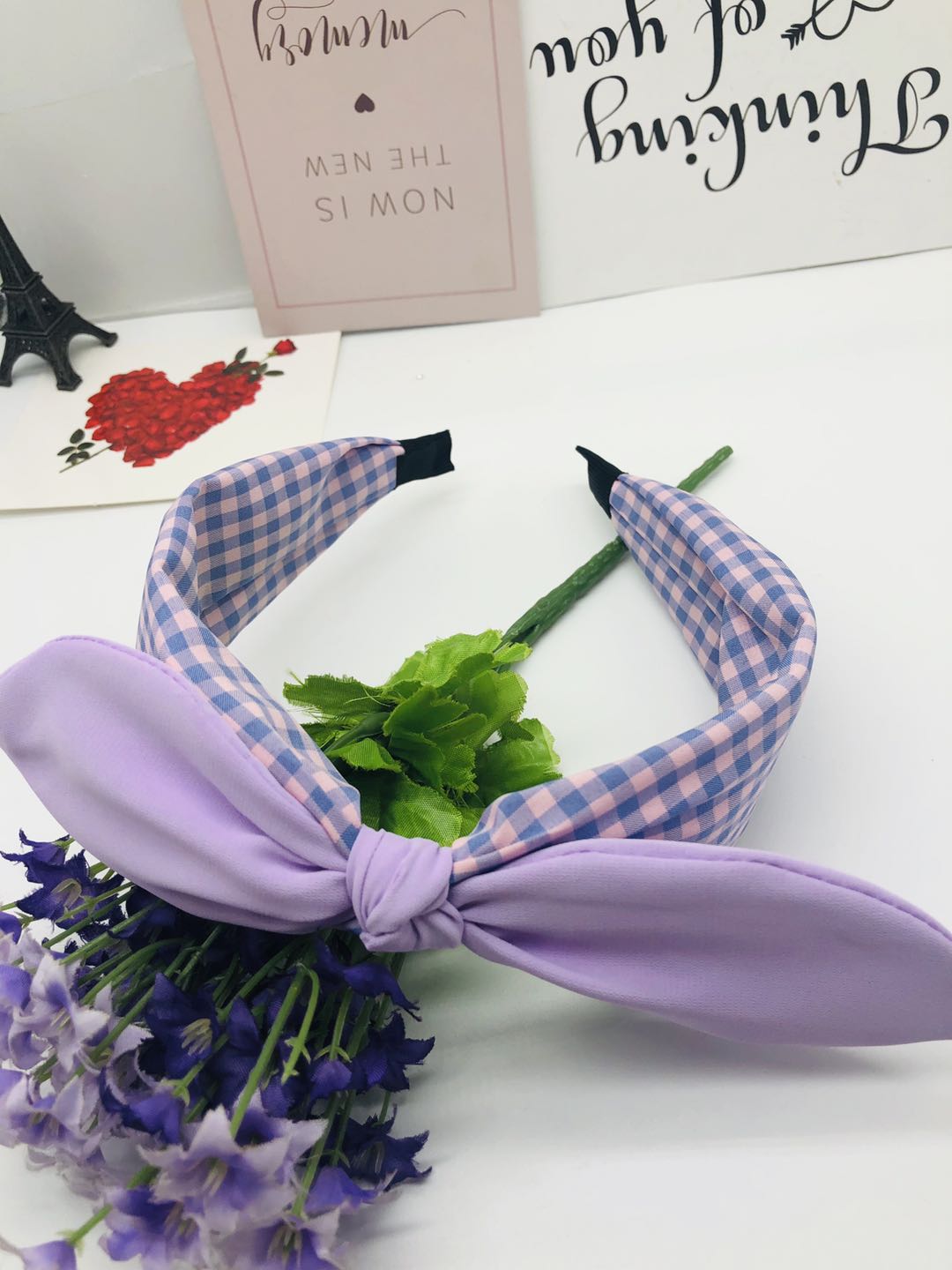 New Korean version fabric rabbit ear bow wide-edge checkered hairband headband, simple solid color pressed hair accessory detail image 2