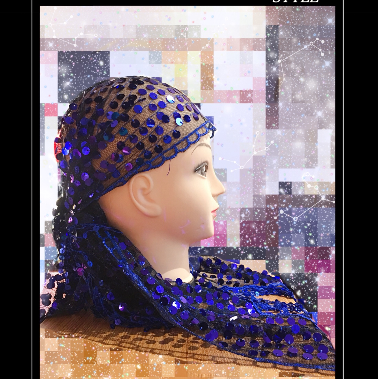 Royal blue round sequin hat scarf shawl scarf