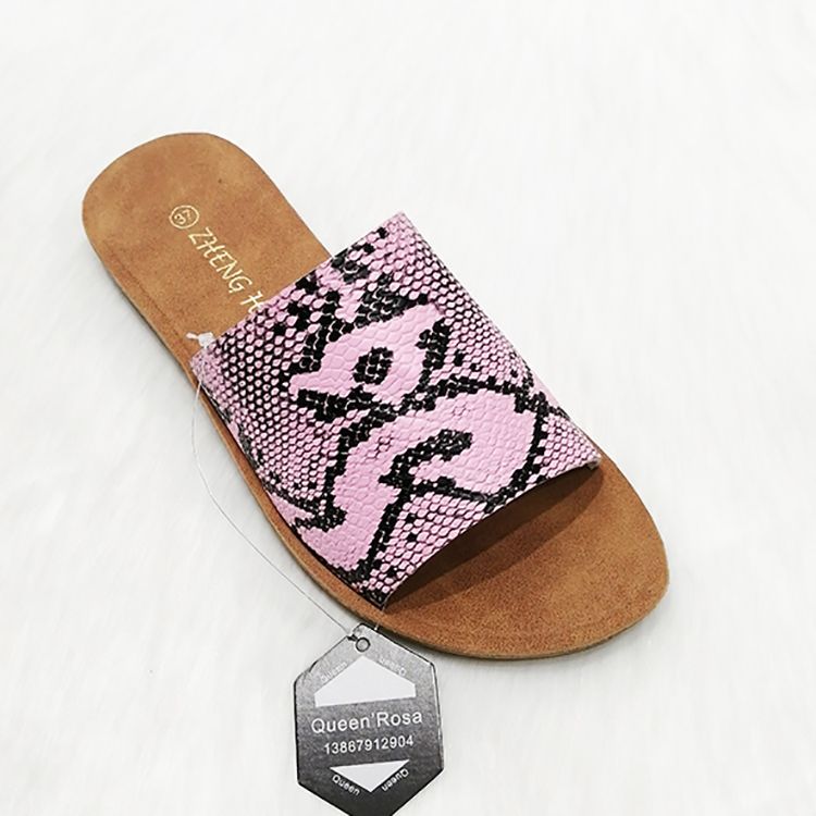 Flat heel ladies slippers pu leather snakeskin slippers