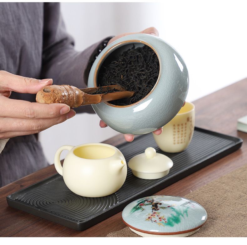 Kun Kun Ceramic Ge Kiln Tea Cans, 2 large ceramic storage cans, moisture-proof sealed cans, flower tea, Pu 'er tea, black tea, Ceramic Chinese tea cans, a pair of high-end packaging gift boxes 058 detail image 8