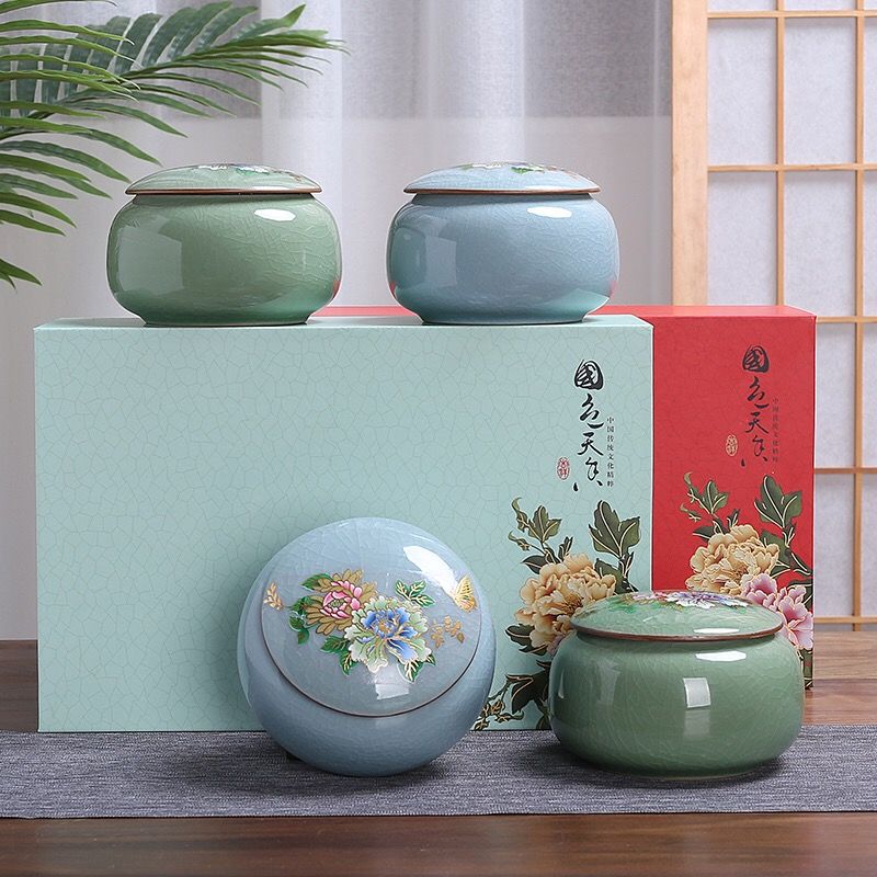 Kun Kun Ceramic Ge Kiln Tea Cans, 2 large ceramic storage cans, moisture-proof sealed cans, flower tea, Pu 'er tea, black tea, Ceramic Chinese tea cans, a pair of high-end packaging gift boxes 058