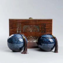 琨琨陶瓷 两个装大号茶叶罐窑变珍珠型大容量茶叶罐木质礼盒高档礼品茶叶罐