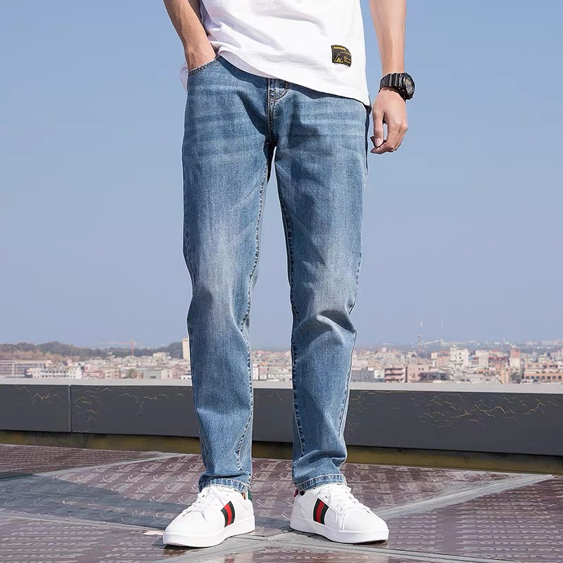 Popular logo men's jeans nine minute trend Korean slim straight leg versatile stretch trousers for men thumbnail