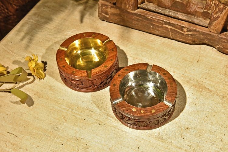 菩提木雕花嵌铜烟缸4