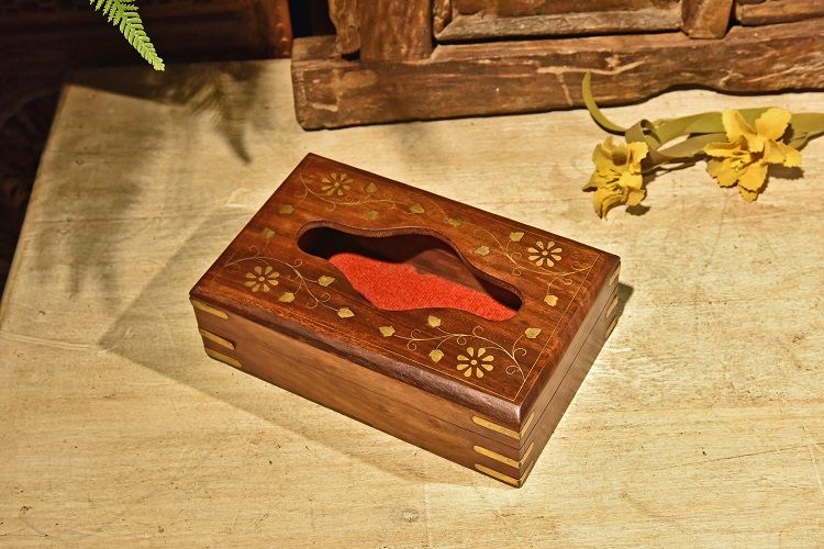 菩提木嵌铜纸巾盒小