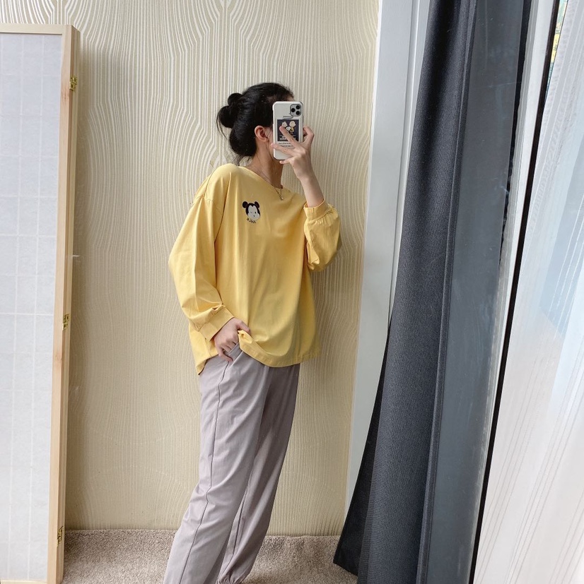 纯棉弹力针织素色长袖女套装