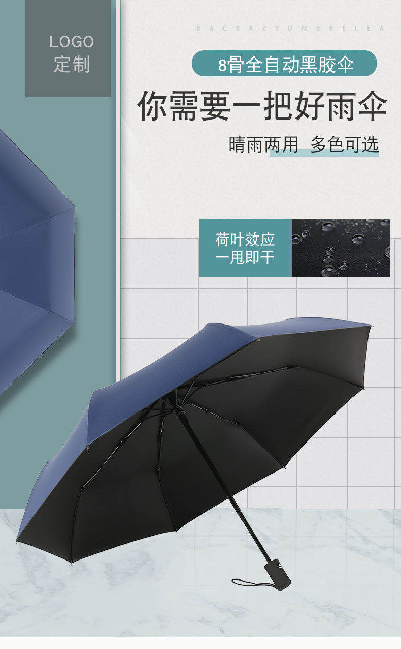 新款全自动素色黑胶晴雨伞折叠三折伞定制广告logo防晒遮阳详情图1