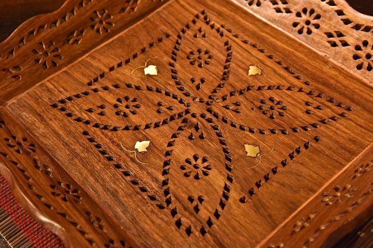 India cuadrada bodhi madera incrustada cobre calado bandeja grande details Picture