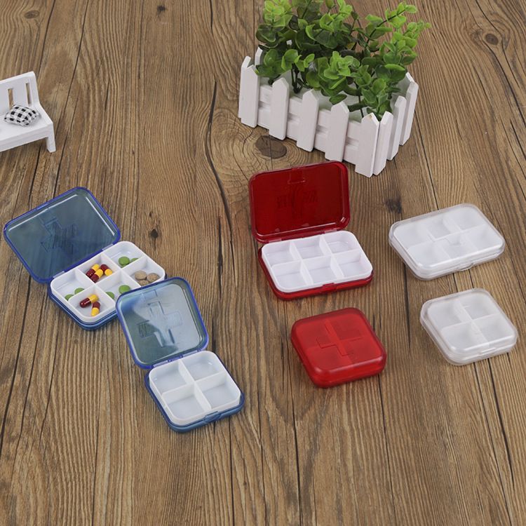 Plastic 6-compartment and 4-compartment cross-shaped medicine box sealed portable storage box with lid, mini medicine box for dispensing pills, storage box for cosmetics, storage box for jewelry