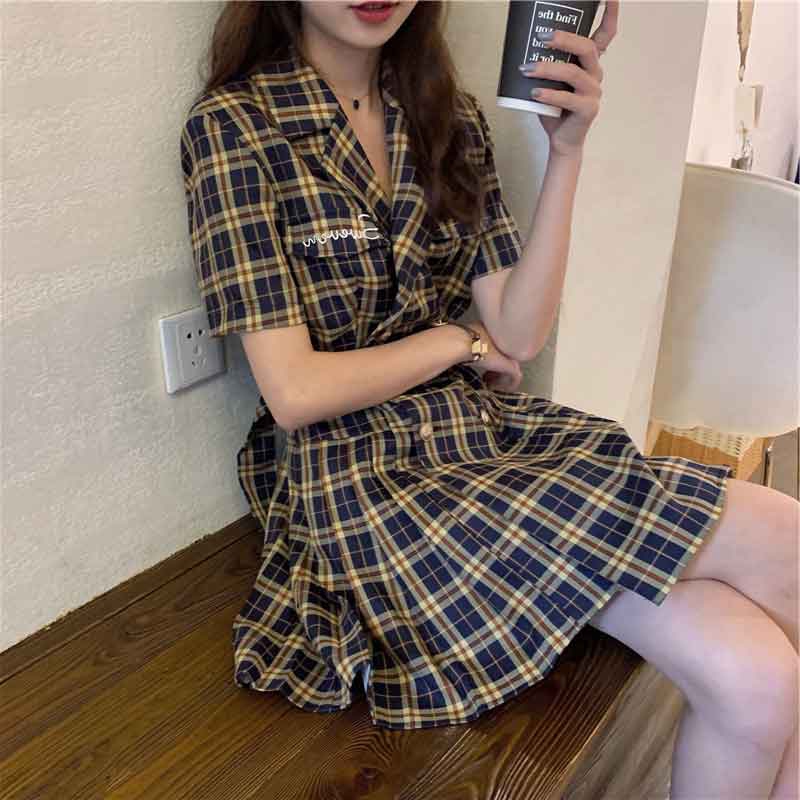 2020 New French retro niche professional waist-cinching and slimming plaid suit dress for children's summer Specification image