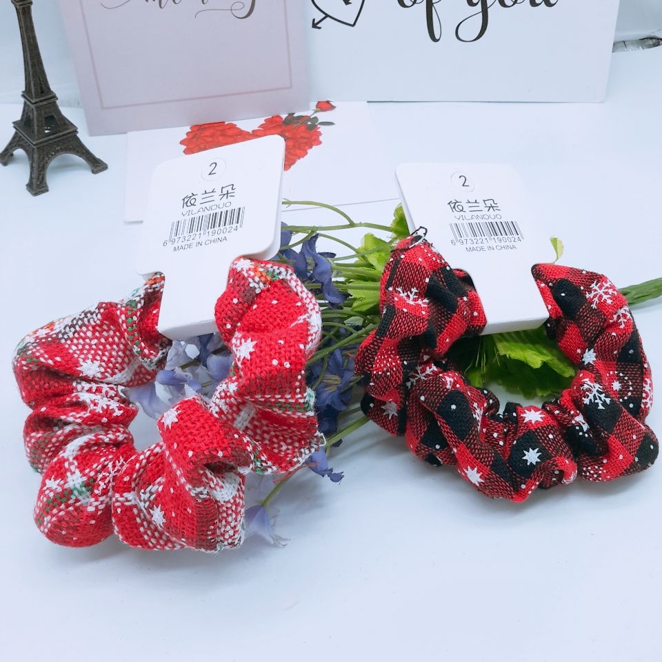 New large-sized pure cotton fabric hair tie in the shape of a large intestine from Europe and America, Christmas snowflake striped bun hair tie detail image 3