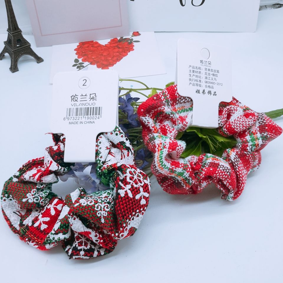 New large-sized pure cotton fabric hair tie in the shape of a large intestine from Europe and America, Christmas snowflake striped bun hair tie detail image 2