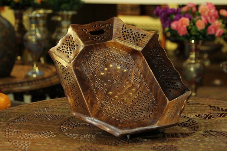 六边形菩提木嵌铜镂空托盘 大白底实物图