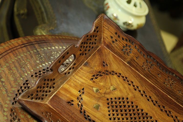 The square Bodhi wood copper-inlaid hollowed-out tray is small Item Picture