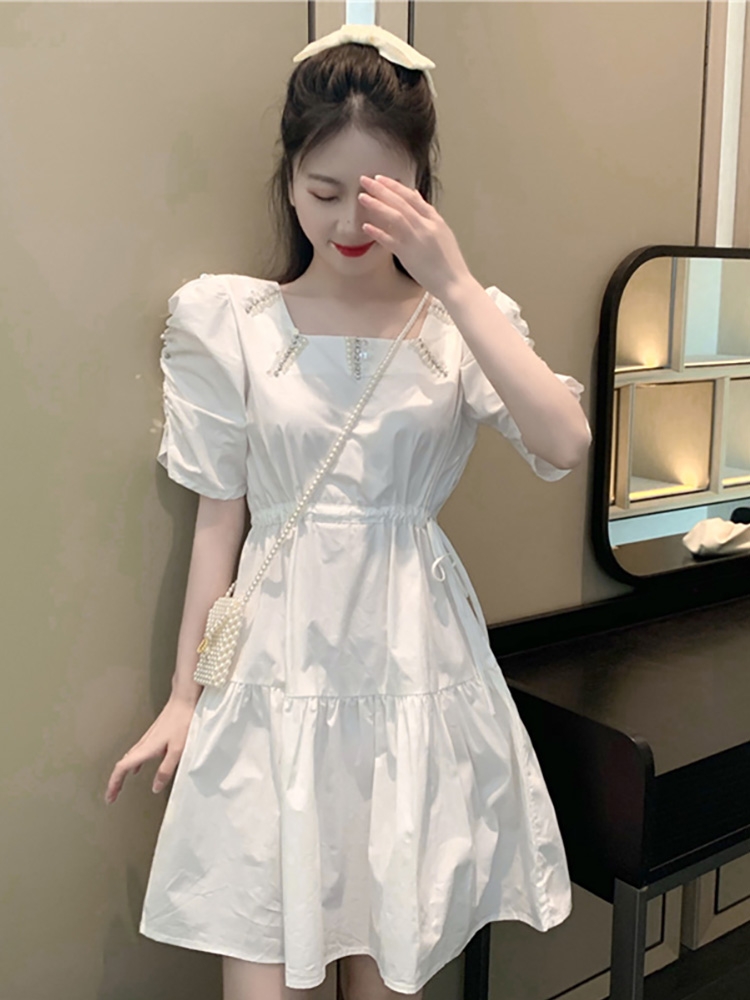 PR Heavy Industry beaded sexy dress for Women 2020 New style French waist-cinching slimming drawstring white sweet first love dress Specification image