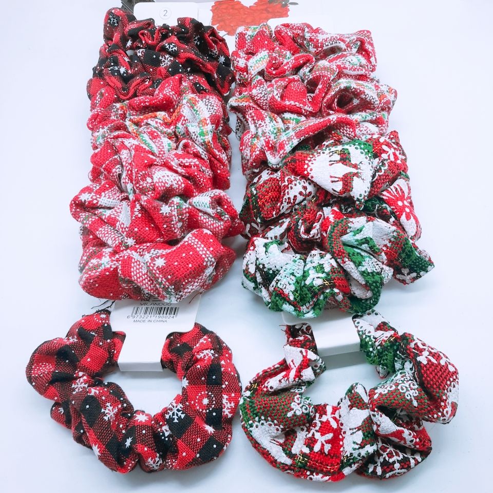 New large-sized pure cotton fabric hair tie in the shape of a large intestine from Europe and America, Christmas snowflake striped bun hair tie detail image 1