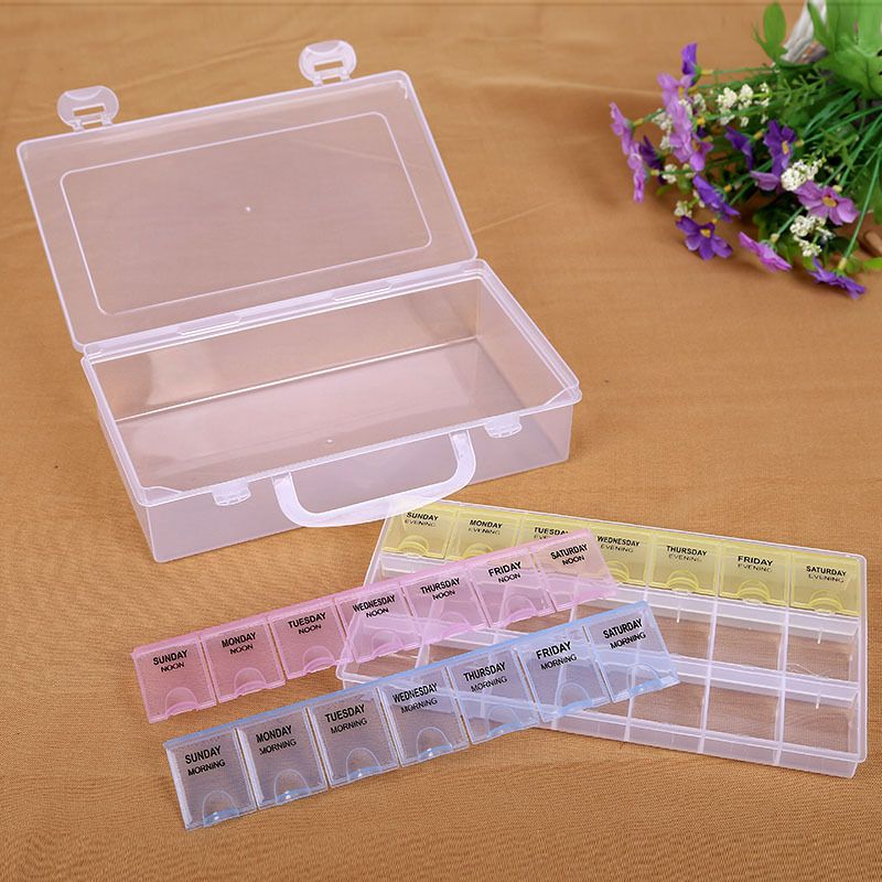 The 21-compartment medicine box set is detachable at will. It is a hand-held storage box with words and a detachable independent lid Specification image