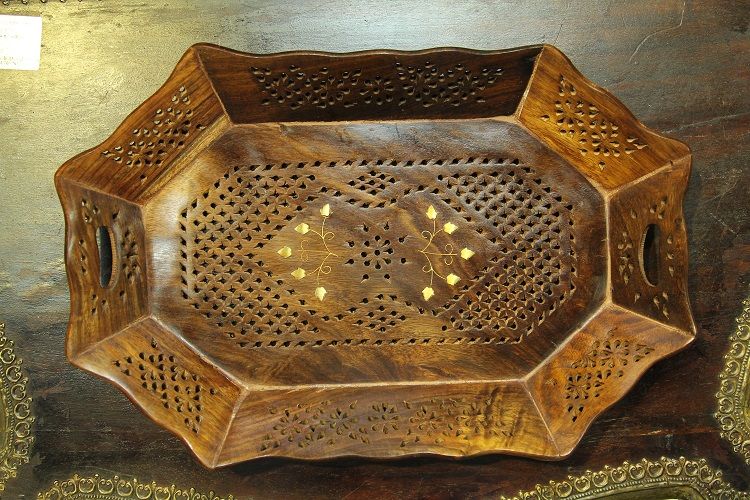 六边形菩提木嵌铜镂空托盘小产品图