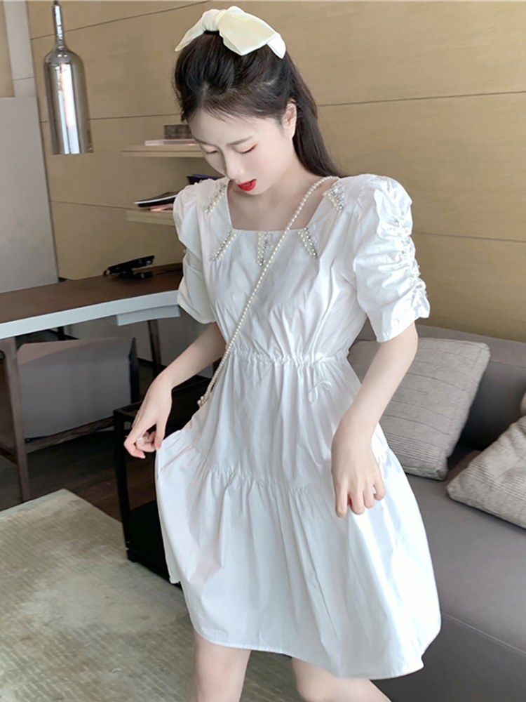 PR Heavy Industry beaded sexy dress for Women 2020 New style French waist-cinching slimming drawstring white sweet first love dress details Picture